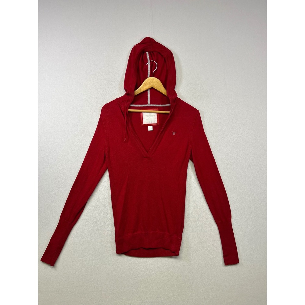 Y2K Preppy American Eagle Womens Medium Red V-Neck Hooded Pullover Sweater